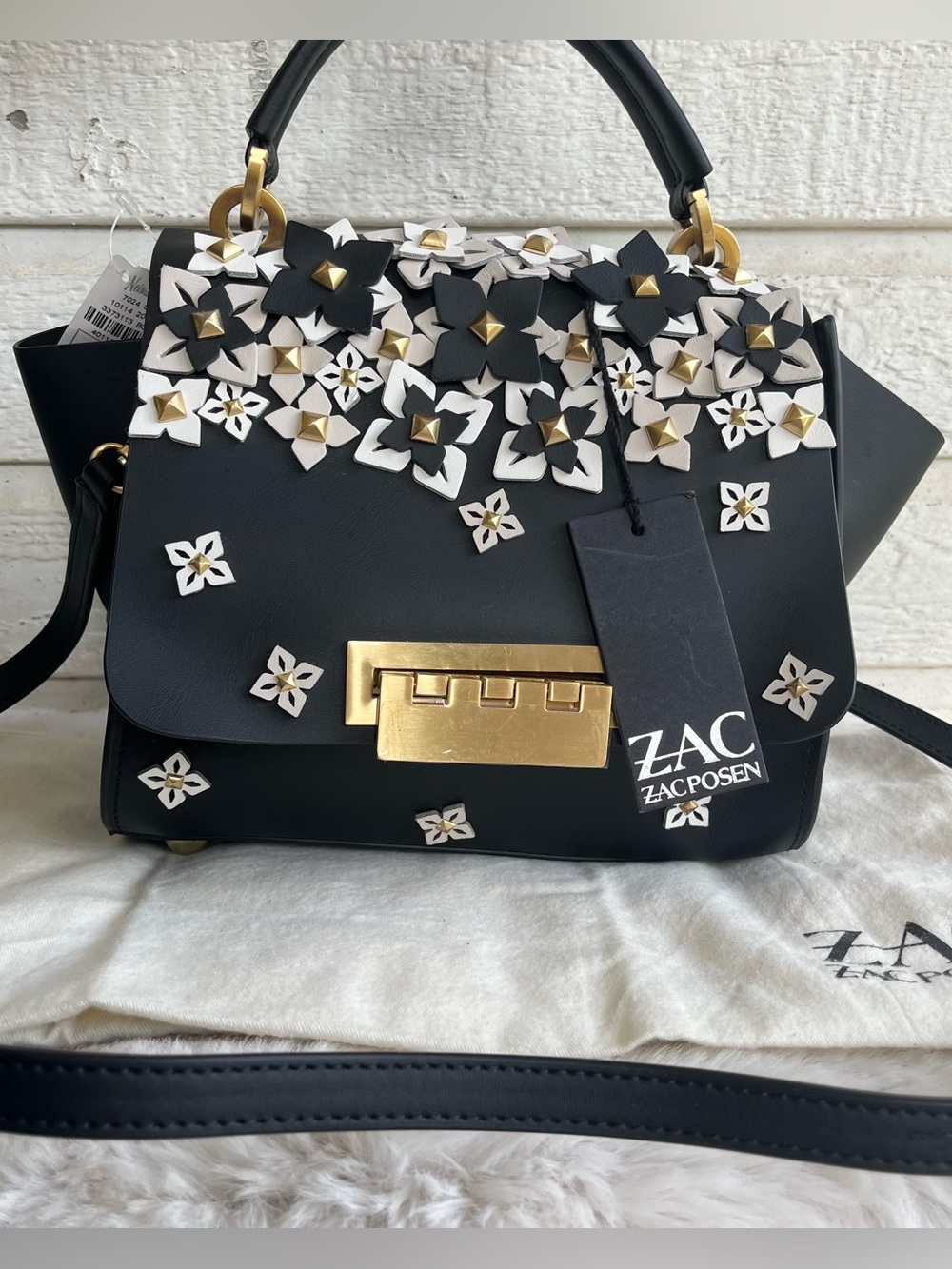 NEW | ZAC POSEN Black Eartha Top Handle Floral Leather Flap Crossbody Satchel